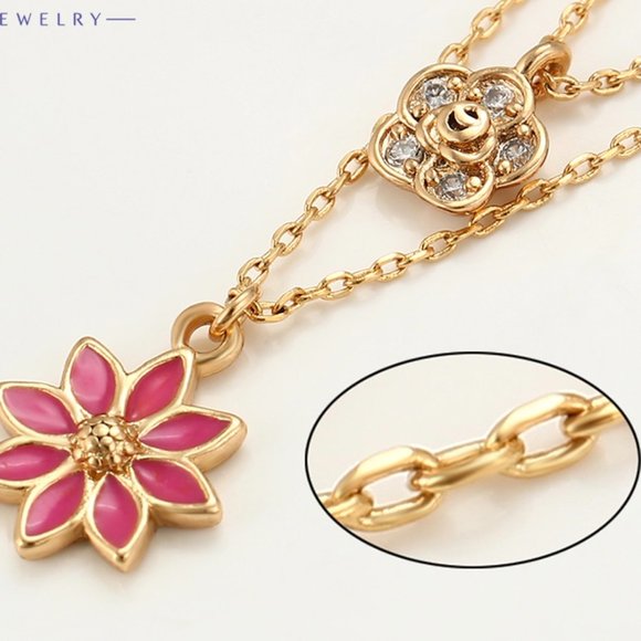 Double Layer Flower 18KGP CZ Necklace - Picture 3 of 10